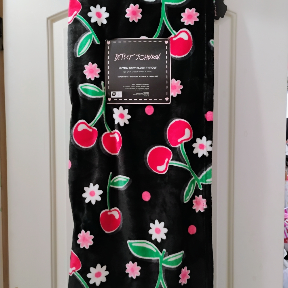 Betsey Johnson Black Plush Throw with Pink and Green Accents